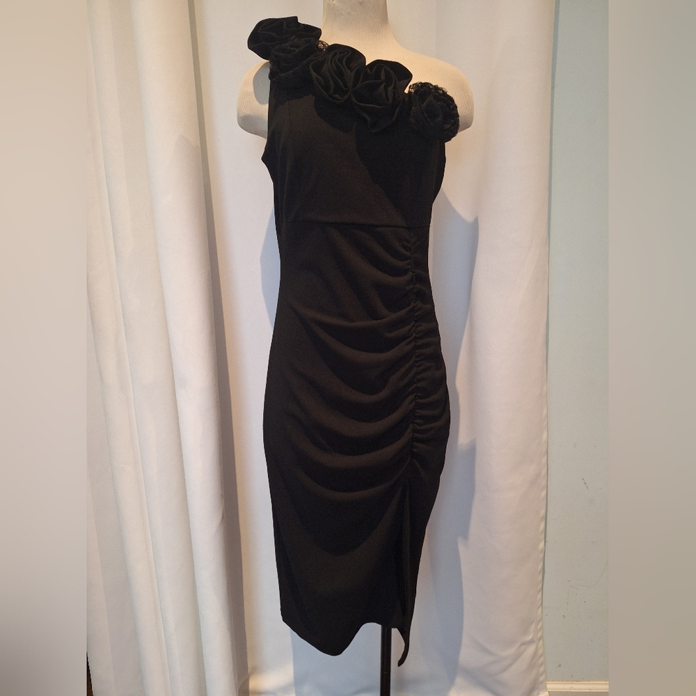 Honey And Rosie Little Black Dress, One Shoulder Floral Accent Size Extra Large